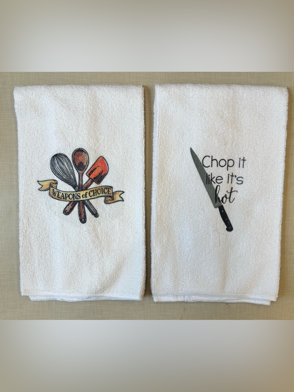 NEW Set of 2 Kitchen Towels with Utensil & Knife Designs - White